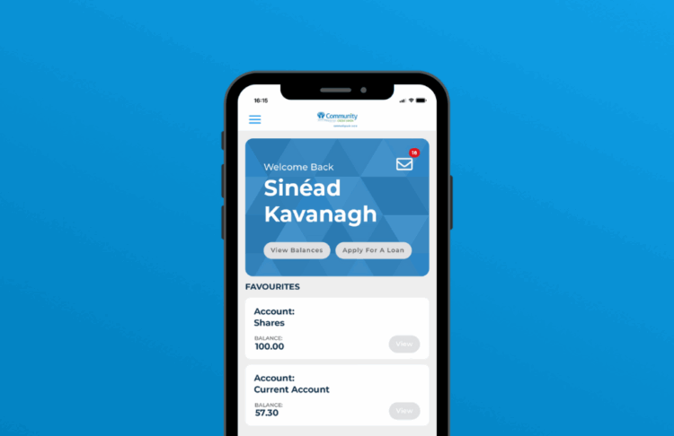 Phone showing the homepage of Community Credit Union app