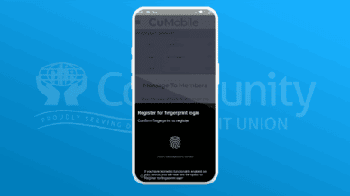 Image of phone encouraging user to activate fingerprint login for Credit Union app.