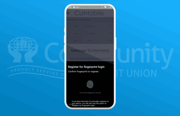Image of phone encouraging user to activate fingerprint login for Credit Union app.